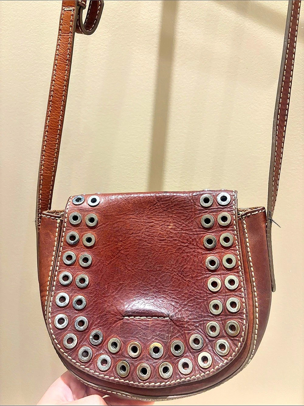 Frye Brown Rust Leather Grommet Saddle Crossbody Studded Bag Purse